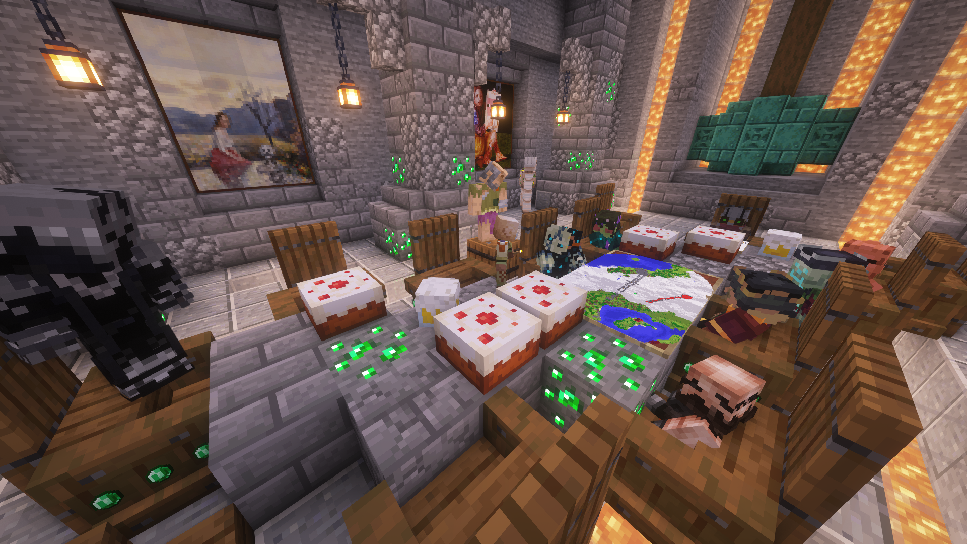 Roleplay table scene with a map, cakes, and players