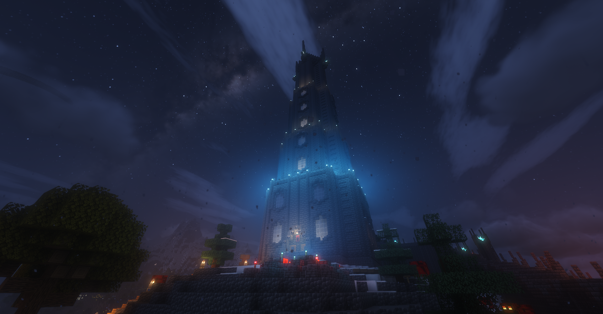 Night tower with cool lighting under a starry sky