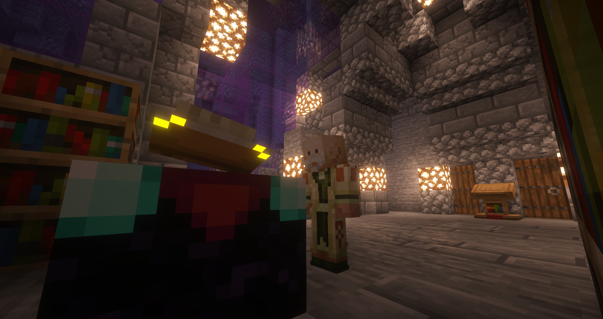 Cube in Square server stone hall scene with characters and warm light