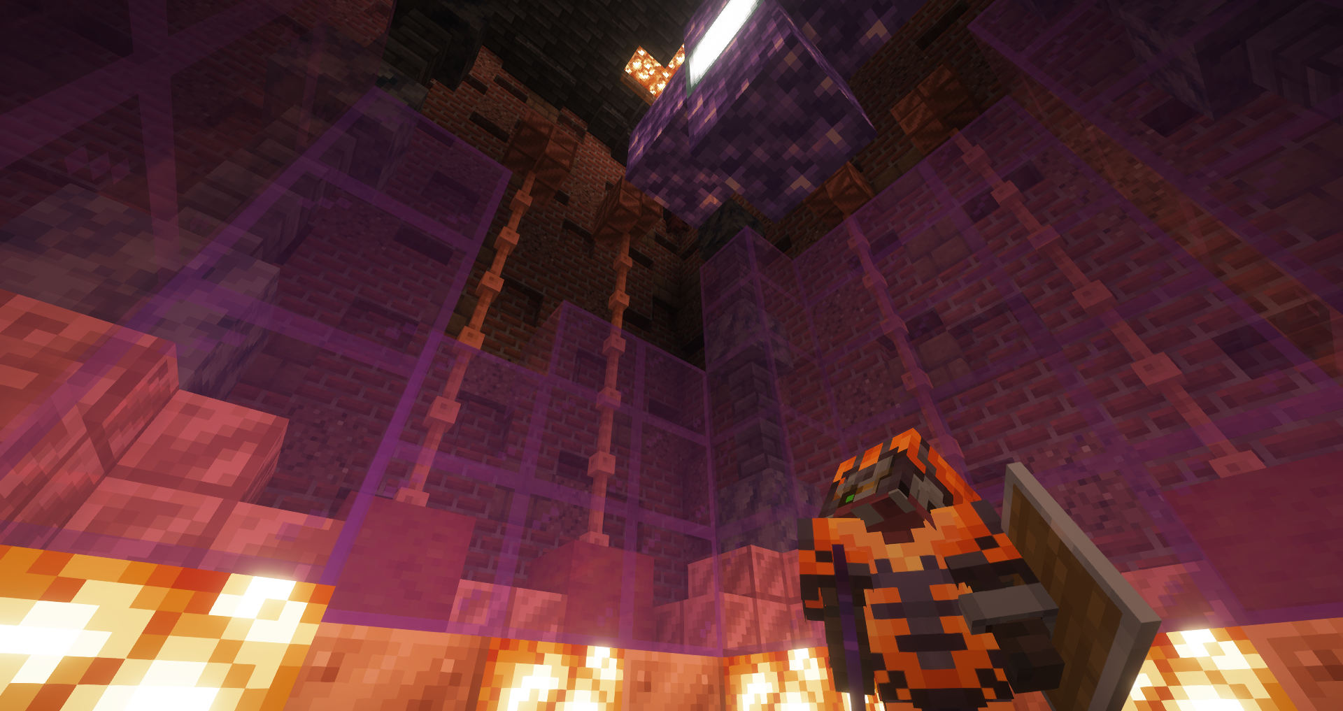 Character near a purple magic barrier in a dungeon