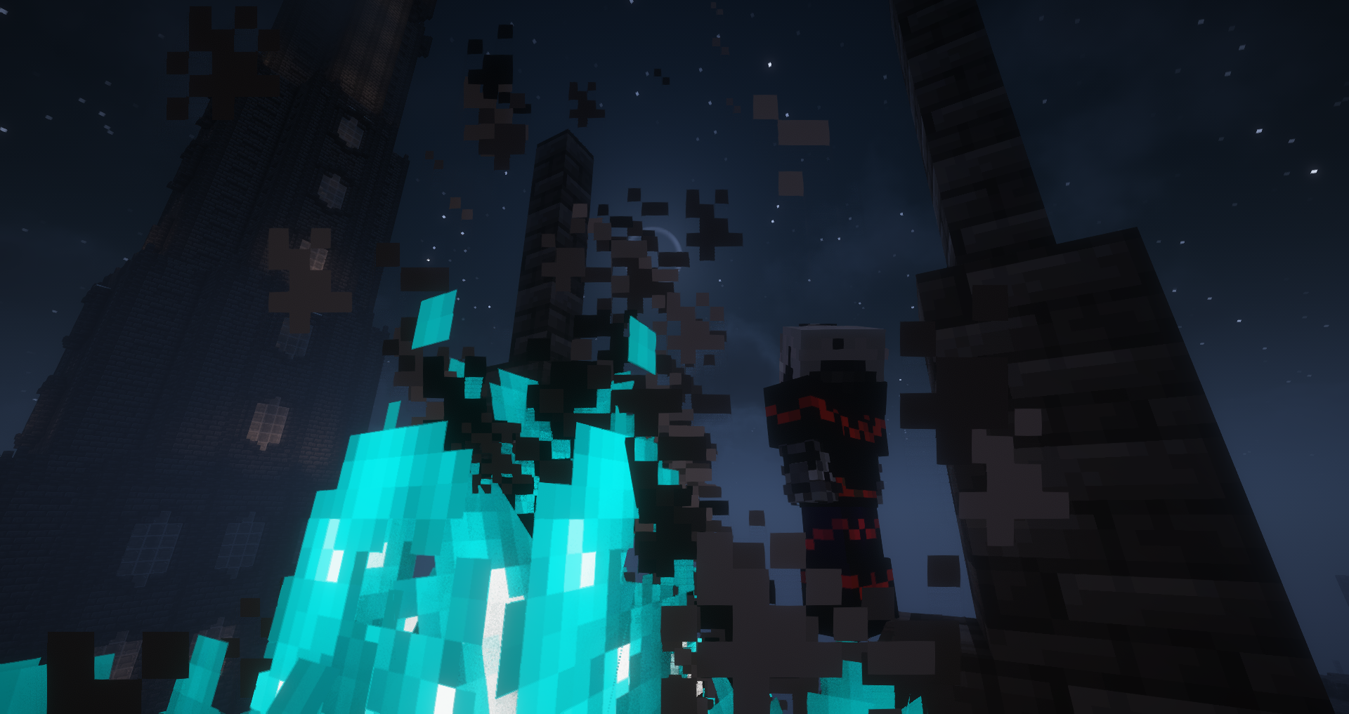 Night scene with cyan fire and a character on the server